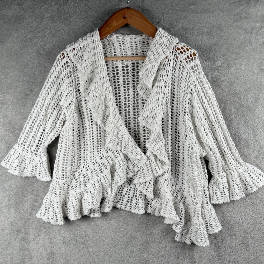 Crochet‎ Cardigan Open Front Ruffle Trim Bell Sleeve Knit Sweater Cover Up M/L